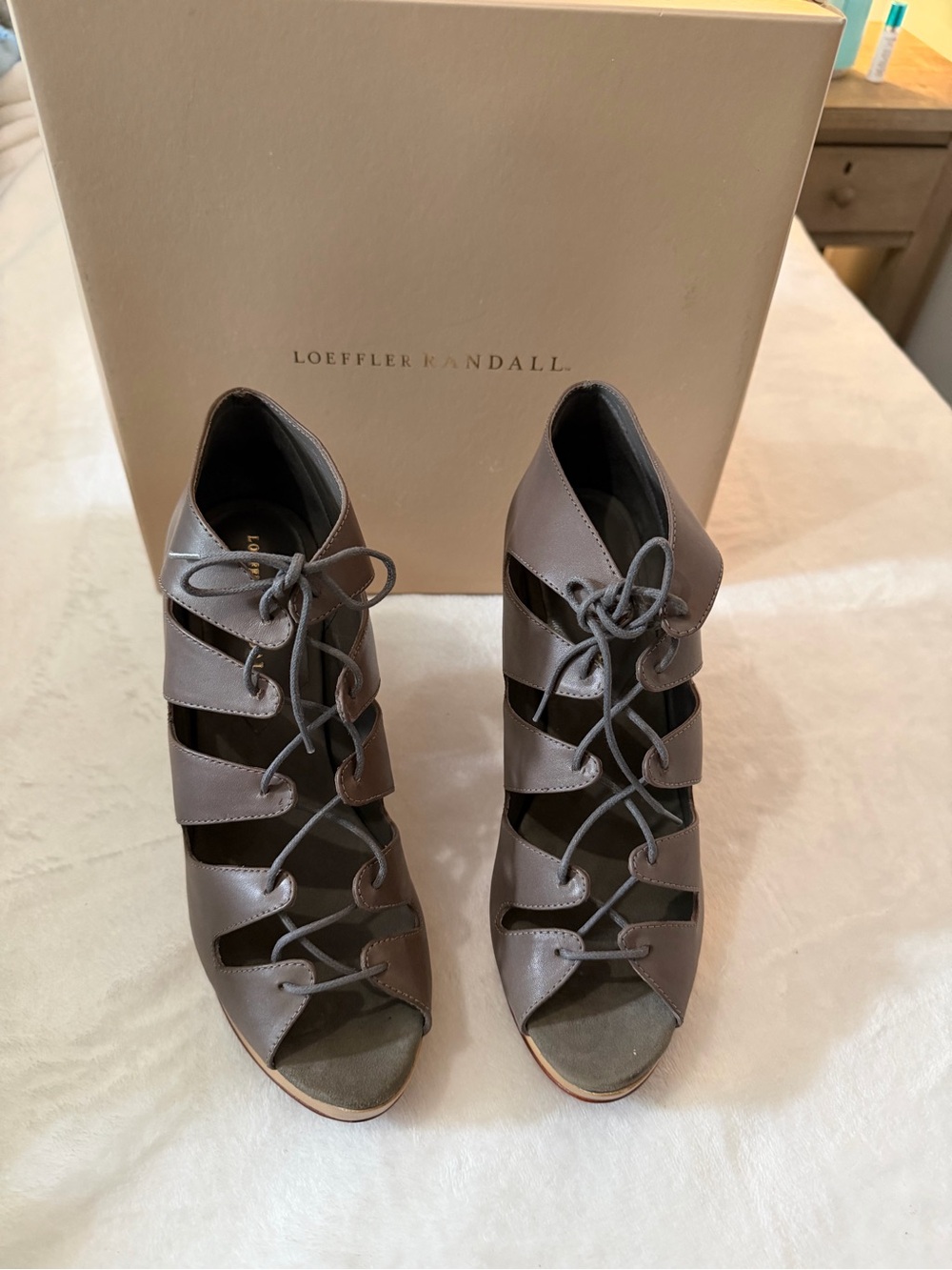 Loeffler Randall Taupe Lace-Up Peep Toe Heels